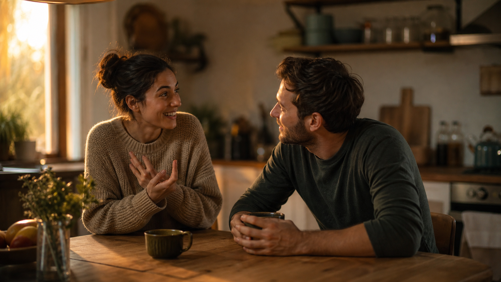 A woman smiles and leans forward at a kitchen table, sharing news with her partner, who faces her with full attention, holding a coffee mug in warm evening light.