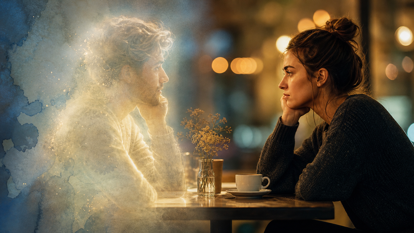 Two people sit across from each other at a warmly lit café table. One figure appears vivid and real; the other is a translucent, glowing silhouette — representing the idealized projection that familiarity slowly dissolves.