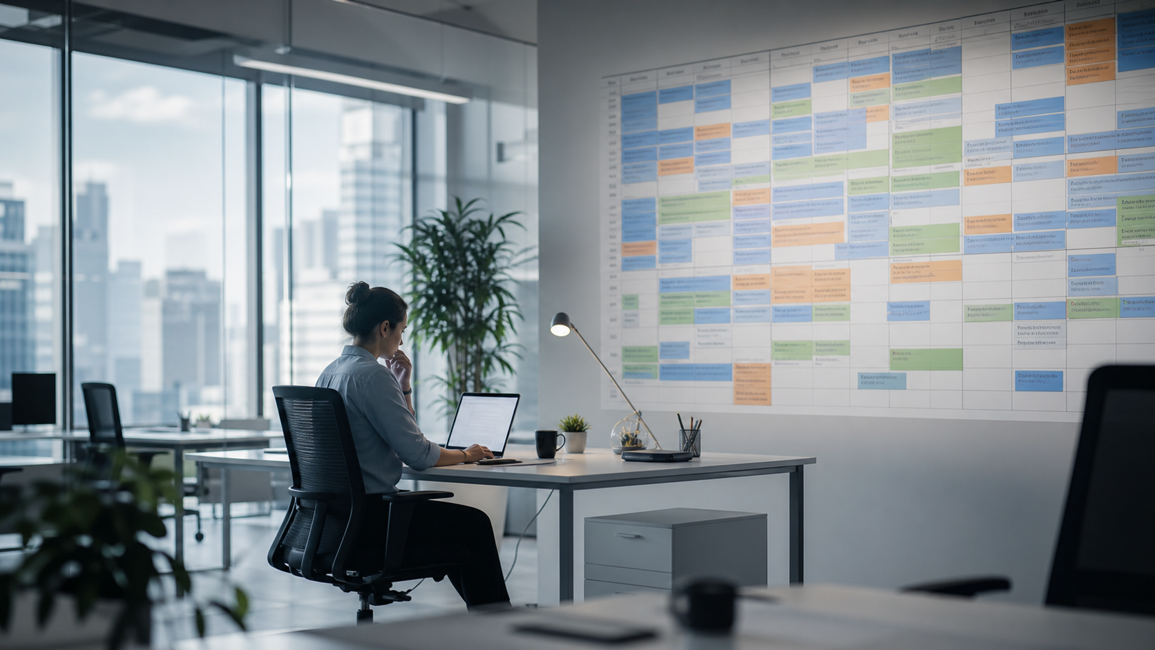 A person sits alone at a minimalist desk in a sunlit office, a wall-sized calendar packed with dense, overlapping coloured blocks looming behind them.